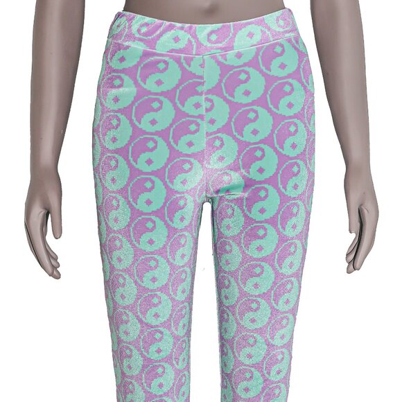 Mint Purple Digital Peace Sign Velvet Bell Bottom Flared Pants Small Fall Winter - Picture 3 of 5